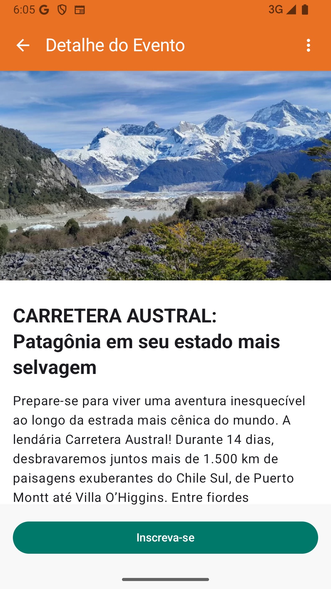 Página de um evento no aplicativo TrailMe, com descrição e acesso à inscrição
