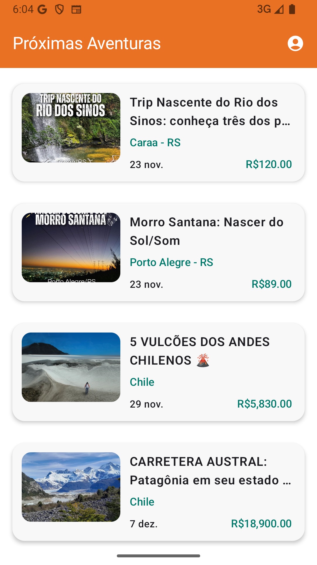 Lista de eventos no aplicativo TrailMe, com datas, locais e preços